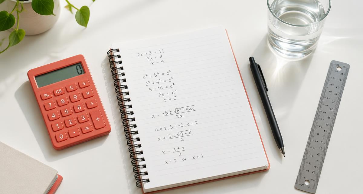 Calculator and notebook with worked mathematics